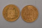 Deux pièces 20 francs or hongroise François Joseph, 1872 et...