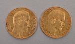 Deux pièces de 20 francs or Napoléon 1854 et 1855....