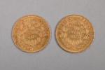 Deux pièces de 20 francs or Napoléon 1854 et 1855....