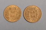 Deux pièces de 20 francs or Napoléon 1864 et 1866....