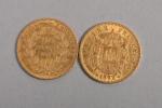 Deux pièces de 20 francs or Napoléon 1859 et 1862....