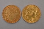 Deux pièces de 20 francs or, A, 1851. Vendue sur...
