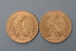 Deux pièces de 20 francs or Napoléon 1907 et 1908....