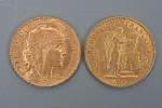 Deux pièces de 20 francs or Napoléon 1876 A et...