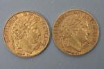 Deux pièces de 20 francs or Napoléon 1851 A. Vendue...