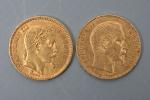 Deux pièces de 20 francs or Napoléon 1856 A et...