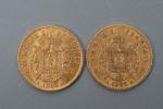 Deux pièces de 20 francs or Napoléon 1866 et 1865....