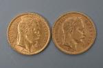 Deux pièces de 20 francs or Napoléon 1866 et 1865....