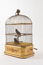 Bontems
Rare et grande cage à trois oiseaux chanteurs, l'un branché,...