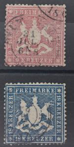 ALLEMAGNE Plaquette de 2 timbres du Wutrtenberg 19A et 20...