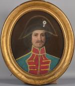 Ecole du XIXe siècle
Portrait d'officier avec bicorne
Pastel à vue ovale
Cadre...
