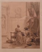 Jean Baptiste ISABEY (1767-1855)
La déclaration, scène troubadour, 1822
Lavis de bistre...