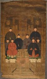 CHINE - Vers 1900
Encre et couleurs sur textile, portrait d'ancêtres....