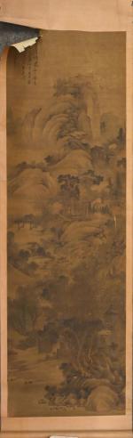 Chine, trois rouleaux :
- Peinture représentant de paysage montagneux, signature...