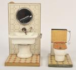 Märklin, lavabo et W.C en tôle peint et porcelaine,
avec réservoir...