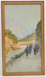 Pierre COMBA (1859-1934)
Chasseurs alpins sur le chemin brodant la rivière....