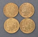 Quatre pièces 20 Francs or Cérès 1851.
Vendue sur désignation. Frais...