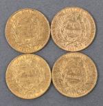 Quatre pièces 20 Francs or Cérès 1851.
Vendue sur désignation. Frais...