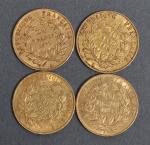 Quatre pièces 20 Francs or Napoléon III tête nue 1852.
Vendue...