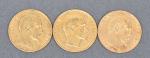 Trois pièces 20 Francs or Napoléon III tête nue 1853.
Vendue...