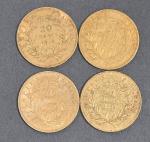 Quatre pièces 20 Francs or Napoléon III tête nue 1854.
Vendue...