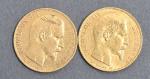 Deux pièces 20 Francs or Napoléon III tête nue 1854.
Vendue...
