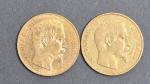 Deux pièces 20 Francs or Napoléon III tête nue 1855.
Vendue...