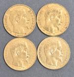 Quatre pièces 20 Francs or Napoléon III tête nue 1856.
Vendue...