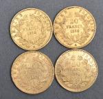 Quatre pièces 20 Francs or Napoléon III tête nue 1856.
Vendue...