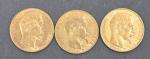 Trois pièces 20 Francs or Napoléon III tête nue 1856...