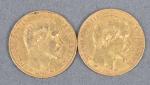 Deux pièces 20 Francs or Napoléon III tête nue 1856...