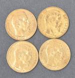 Quatre pièces 20 Francs or Napoléon III tête nue 1857.
Vendue...