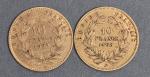 Deux pièces 10 Francs or Napoléon III tête nue 1858...