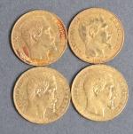 Quatre pièces 20 Francs or Napoléon III tête nue 1858.
Vendue...