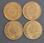 Quatre pièces 20 Francs or Napoléon III tête nue 1858.
Vendue...