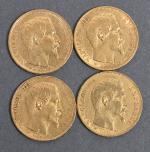 Quatre pièces 20 Francs or Napoléon III tête nue 1859.
Vendue...