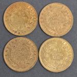 Quatre pièces 20 Francs or Napoléon III tête nue 1859.
Vendue...