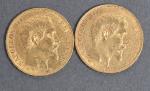 Deux pièces 20 Francs or Napoléon III tête nue 1860.
Vendue...
