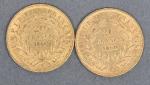 Deux pièces 20 Francs or Napoléon III tête nue 1860.
Vendue...