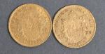 Deux pièces 20 Francs or Napoléon III tête laurée 1861...