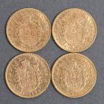 Quatre pièces 20 Francs or Napoléon III tête laurée 1862.
Vendue...