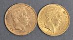 Deux pièces 20 Francs or Napoléon III tête laurée 1864.
Vendue...