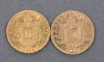 Deux pièces de 20 Francs or Napoléon III tête laurée...