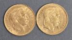 Deux pièces 20 Francs or Napoléon III tête laurée 1865...