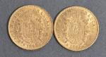 Deux pièces 20 Francs or Napoléon III tête laurée 1865...