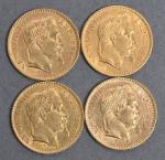 Quatre pièces 20 Francs or Napoléon III tête laurée 1866.
Vendue...