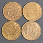 Quatre pièces 20 Francs or Napoléon III tête laurée 1866.
Vendue...