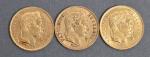 Trois pièces 20 Francs or Napoléon III tête laurée 1867.
Vendue...