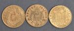 Trois pièces 20 Francs or Napoléon III tête laurée 1867.
Vendue...