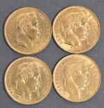 Quatre pièces 20 Francs or Napoléon III tête laurée 1868.
Vendue...